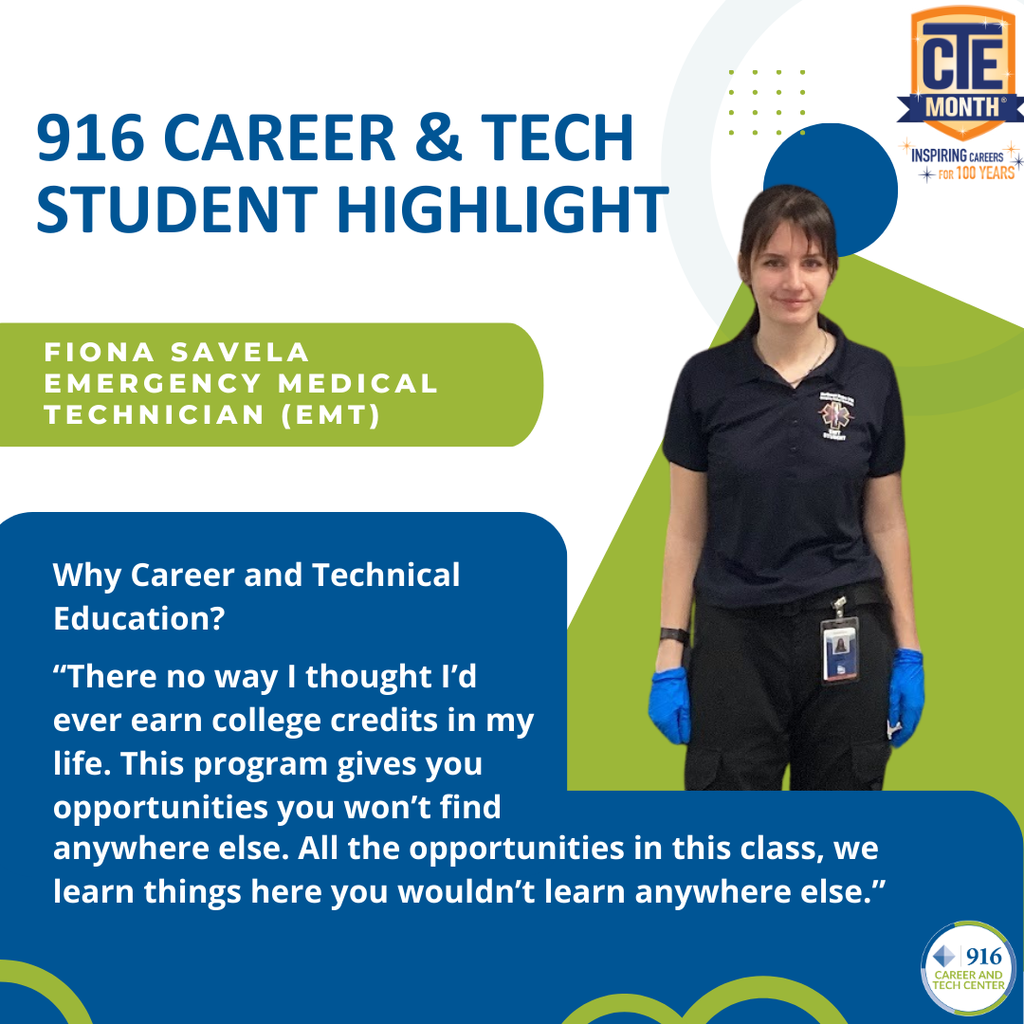 Square image of a student being highlighted with a quote about career and technical education.