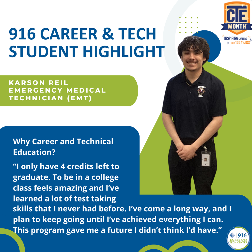 Image highlighting a 916 Career and Tech Center student about why Career and Technical Education.