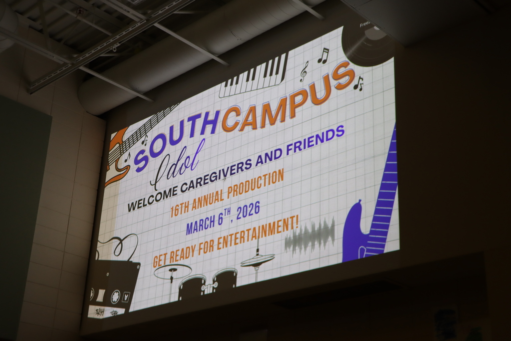 Image of a presentation on a screen with the title of South Campus Idol.