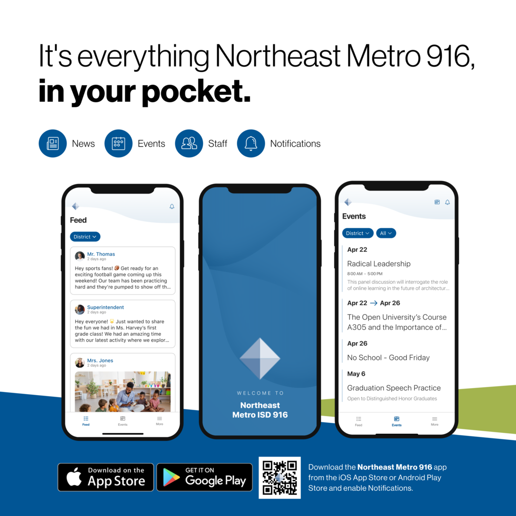 Image of three phones showing the Northeast Metro 916 App and that you can download it on the App Store or Google Play.