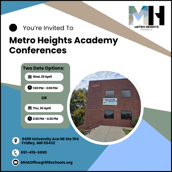 Flyer of the conference date, time, address, and the school's contact information.