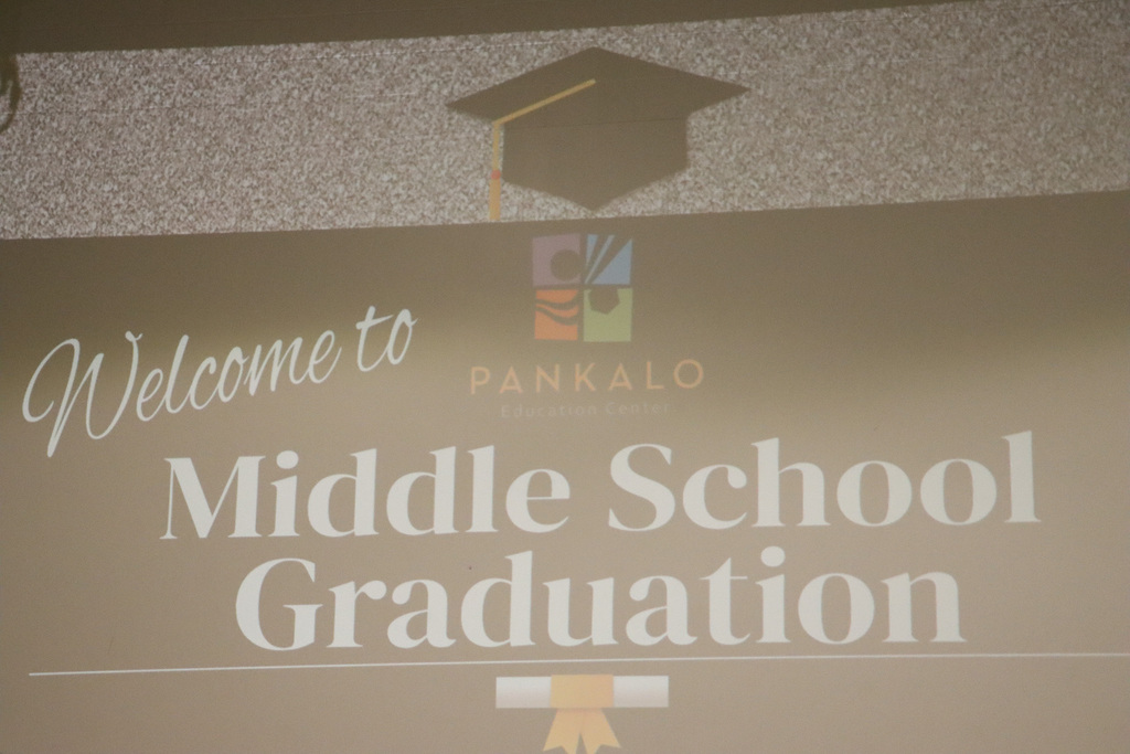 Presentation screen with text that says, "Welcome to Middle School Graduation" with the Pankalo school logo.