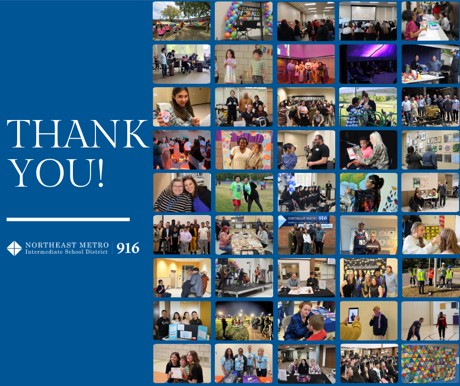 A photo collage of students, staff, and families through the 2025 to 2026 school year with text on the side that says, "Thank you!"