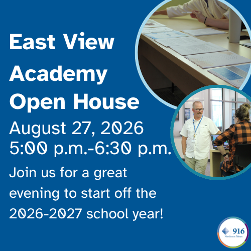 A reminder about the East View Academy's Open House on August 27 from 5:00 p.m. to 6:30 p.m.