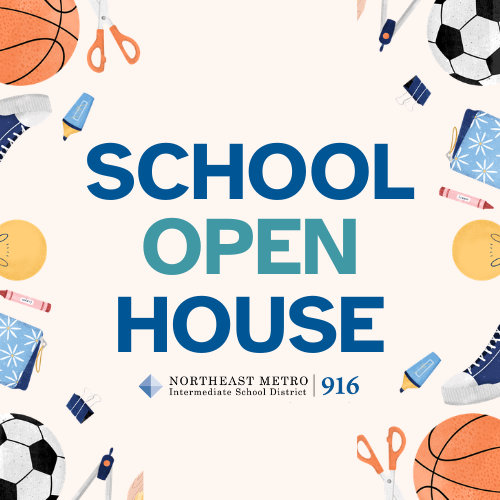 A flyer with text that says "School Open House" with images of school items along the border.