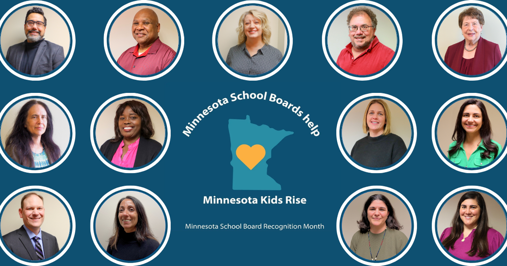 Pictured are the Northeast Metro 916 school board members with the image of Minnesota in the center with a heart and text that says, "Minnesota School Boards help Minnesota Kids Rise."