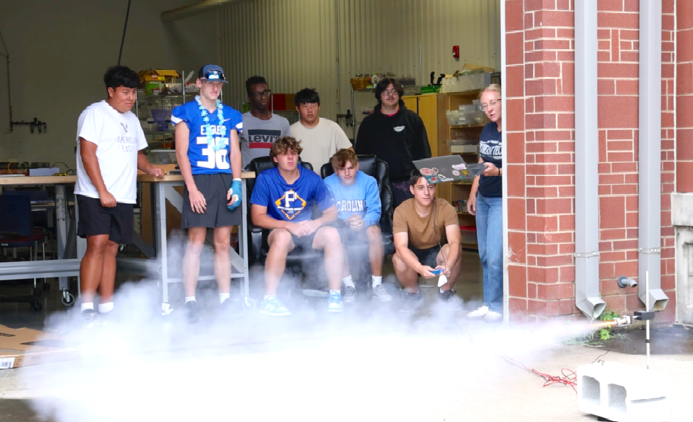  Instructor Keeli Coyle, far right, is utilizing her new program space on the Claremore Campus for several projects, including testing rockets.