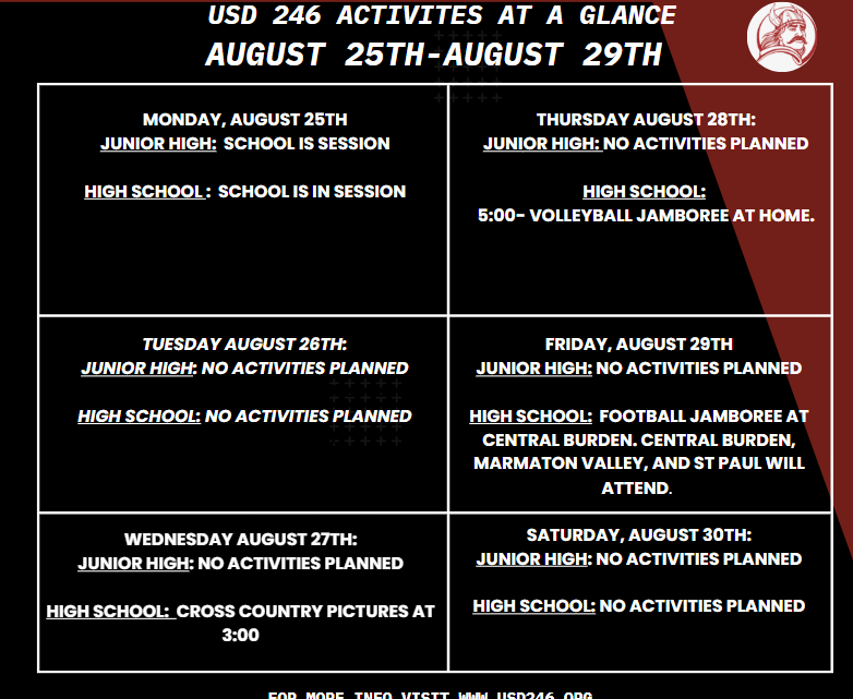 activities for August 25 through 29