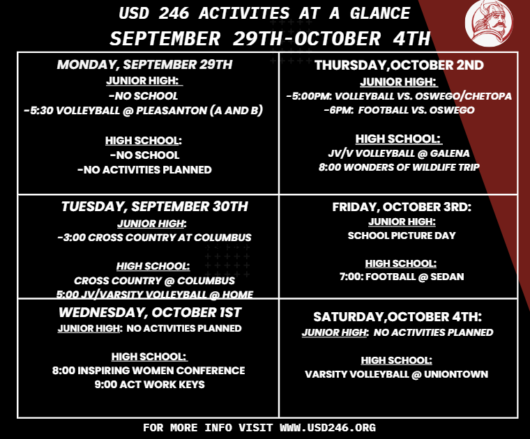 weekly activities 9-29 thru 10-4