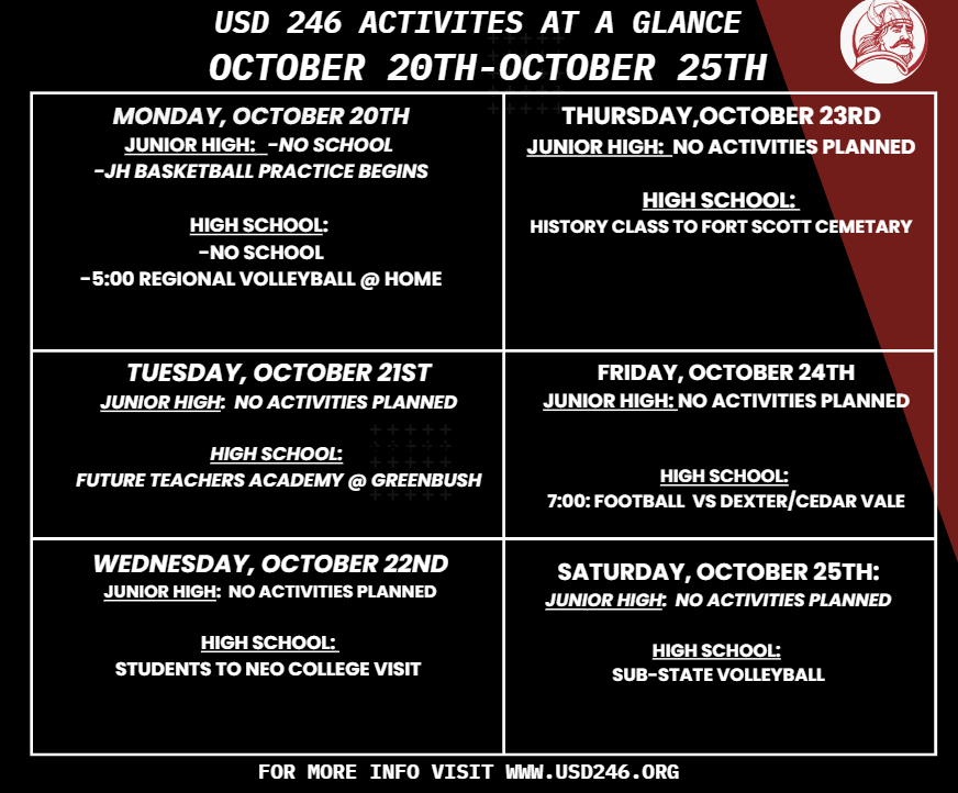 weekly events 10-20 thru 25