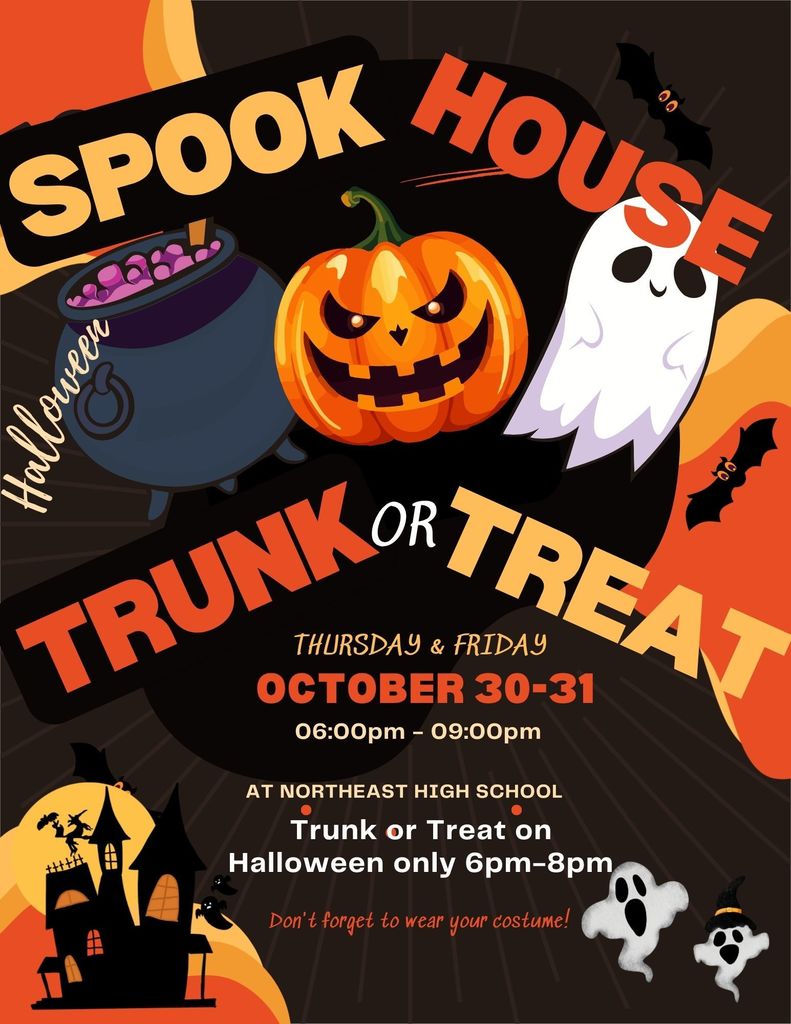 Halloween Spook House & Trunk or Treat. Oct. 30-31st from 6 pm to 9 pm for the spook house, trunk or treat Oct. 31st from 6 pm to 8 pm. Don't forget to wear your costumes.