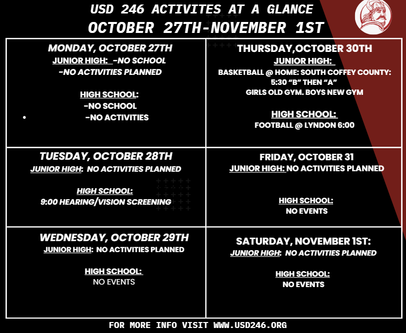 weekly events for 10-27 thru 11-1