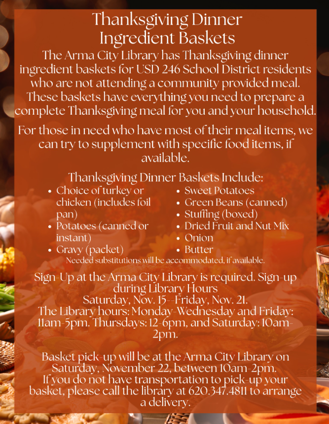 Arma City Library Thanksgiving Dinner Ingredient Baskets info