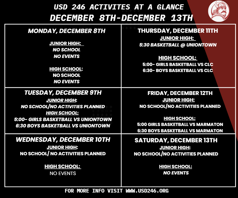 weekly events 12-8 through 12-13