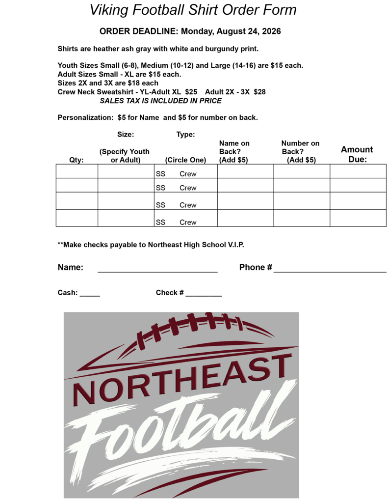 Northeast football shirt order form.
