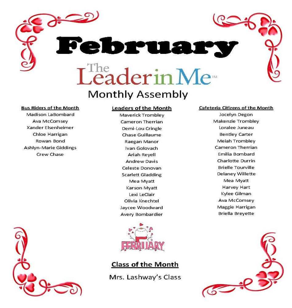 February Leader in Me Monthly Assembly Award Winners