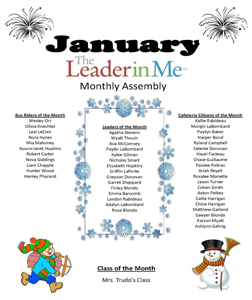 January Leader in Me Monthly Assembly Award Winners