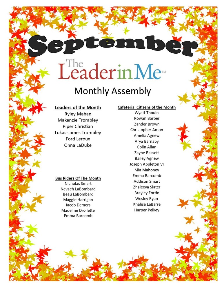 September Leader In Me Monthly Assembly Award Winners