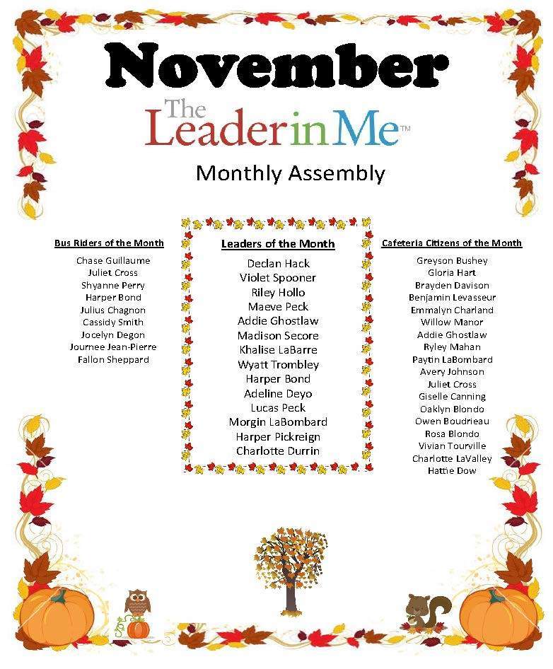 November Leader In Me Monthly Assembly Award Winners