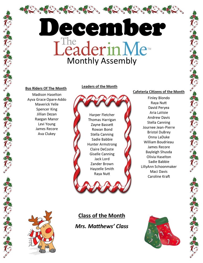 December Leader In Me Monthly Assembly Award Winners