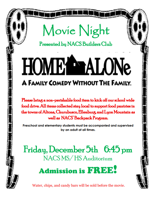 Free Movie Night Home Alone Friday, December 5 at 6:45 pm