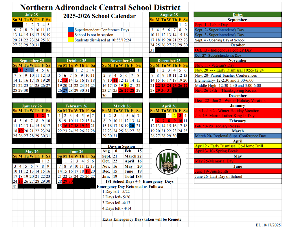 NAC School Calendar