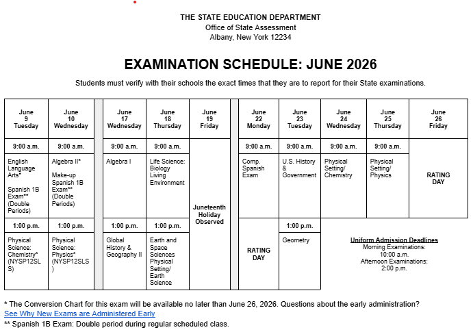 June 2026 Examination Schedule