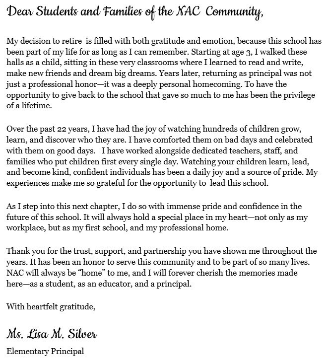 Goodbye letter from retiring principal