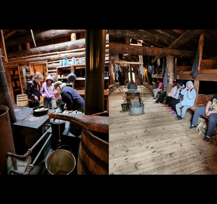 Students sit inside a traditional log house. Also students in the cookhouse listening to the cook
