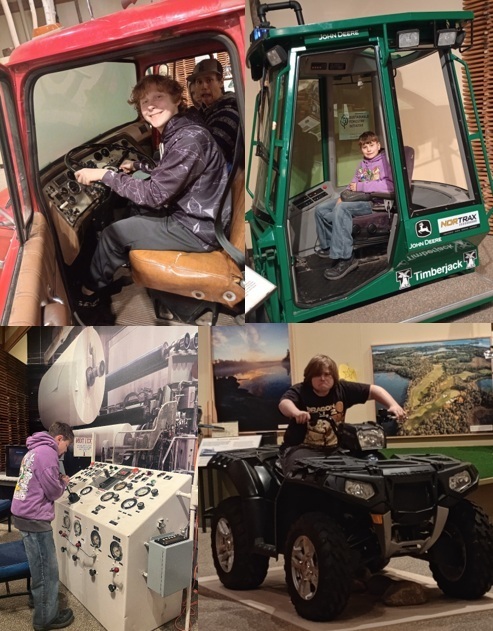 Forest History Center - various students exploring Forest History Center vehicles & equipment
