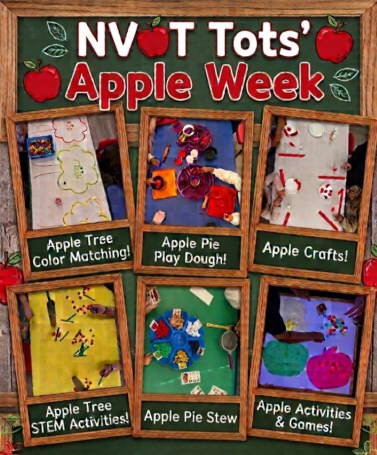 A board displays "NV Tots' Apple Week" with nine small images of children engaged in various activities.
