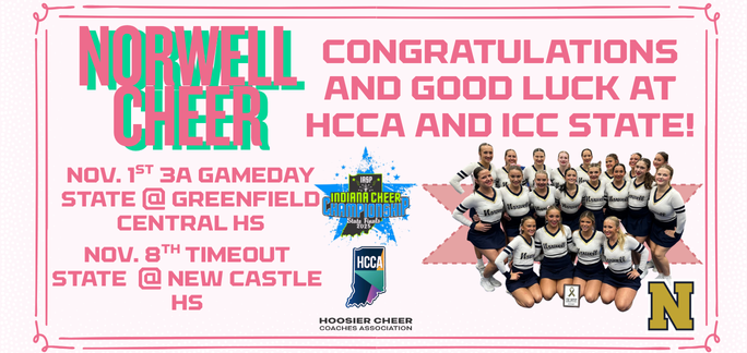 Congratulations to our Cheerleaders who are headed to HCCA State Nov. 1st + ICC State Nov. 8th!  Nov. 1st 3a Gameday State @ Greefield Central HS Nov. 8th Timeout State  @ New Castle HS Best of luck! 