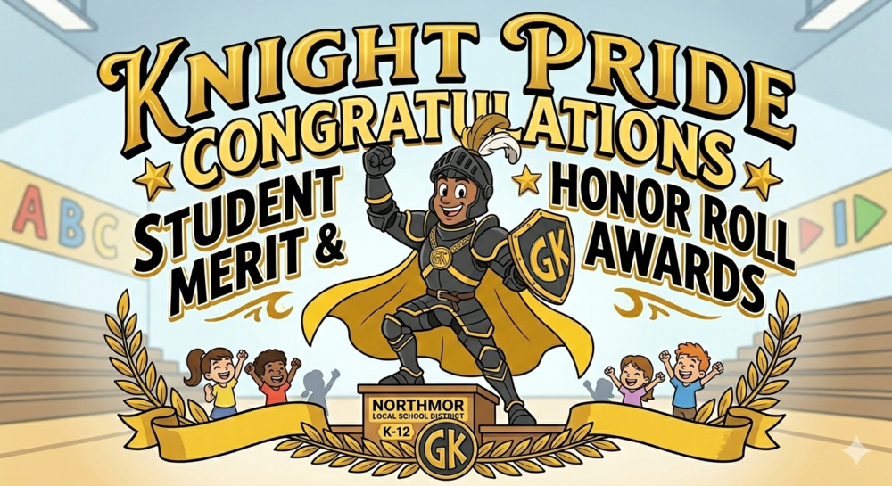 A vibrant, Looney Tunes-style cartoon illustration celebrating Northmor Local School District students. A friendly Golden Knight character in black and gold armor stands heroically on a podium labeled "Northmor Local School District K-12." He is surrounded by cheering diverse children in a gymnasium setting. Bold, stylized gold text at the top reads "Knight Pride Congratulations," flanked by the phrases "Student Merit &" and "Honor Roll Awards." The entire scene is framed by a gold laurel wreath and district "GK" logos, using a primary color palette of black, gold, and white.