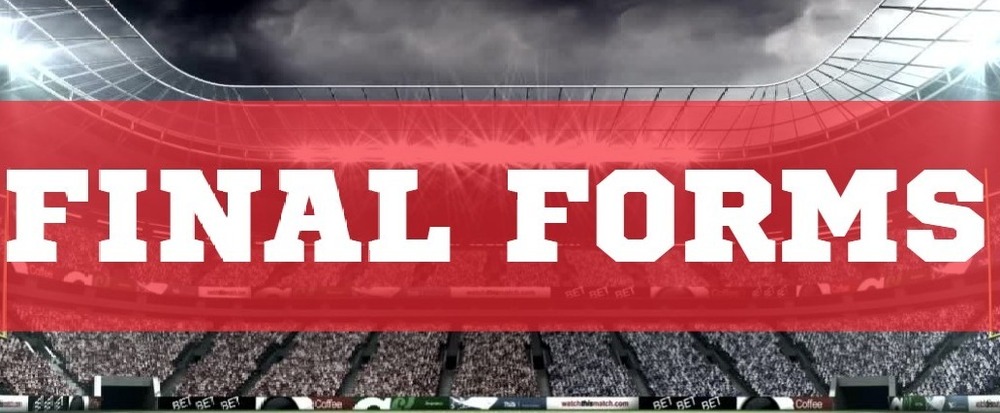 final forms in white lettering over red background with a photo of a crowd in a football stadium