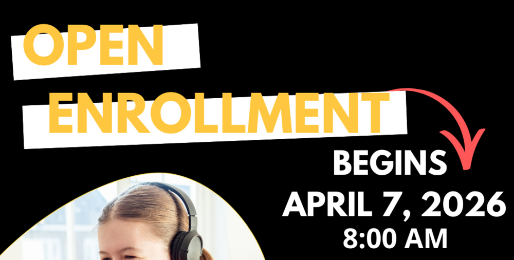 open enrollment begins April 7, 2026 8:00 AM tiny.cc/oe2627 with student looking excited at laptop and district logo