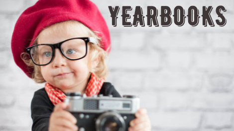 yearbooks in bold lettering with a photo of a girl in a red hat holding a camera