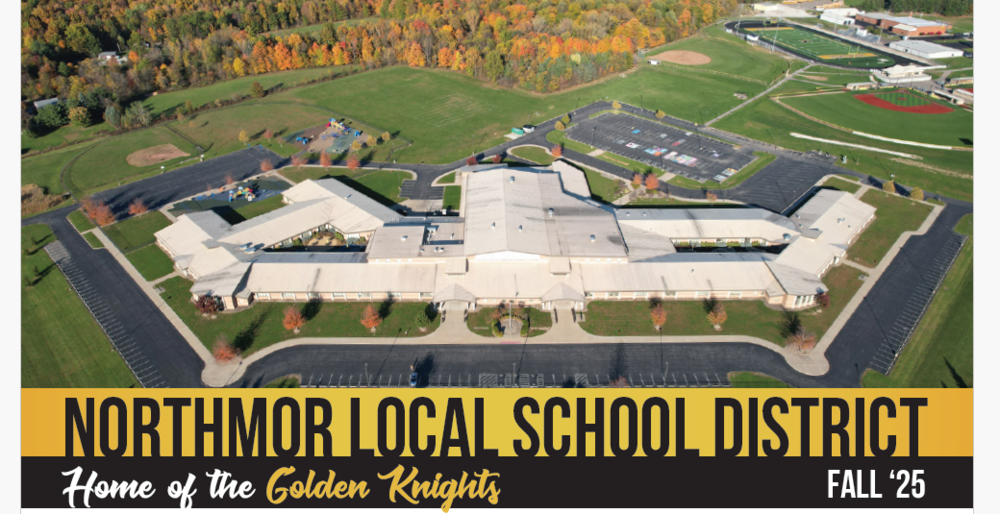 Aerial view of northmor schools with title northmor local school district home of the golden knights fall '25
