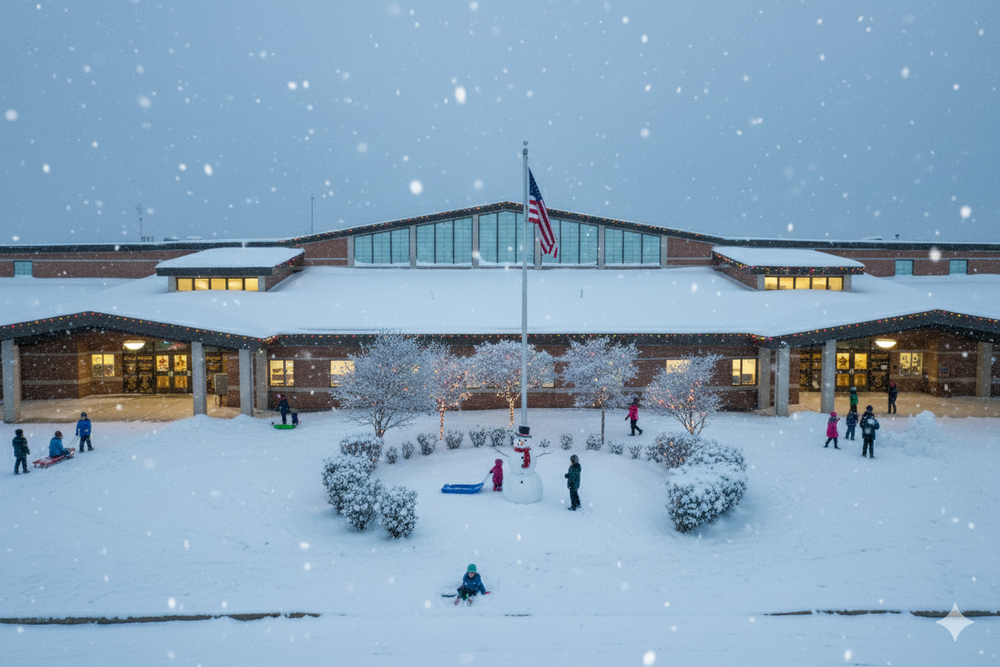 AI altered image of the front of the school to add a snowy scene