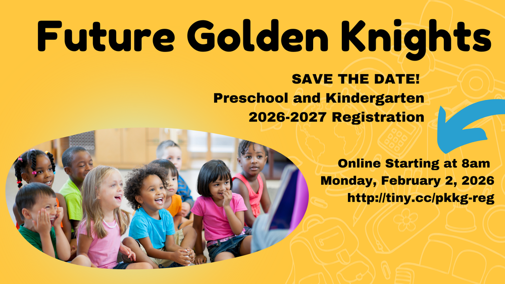 Preschool and kindergarten registration info yellow background with photo of students