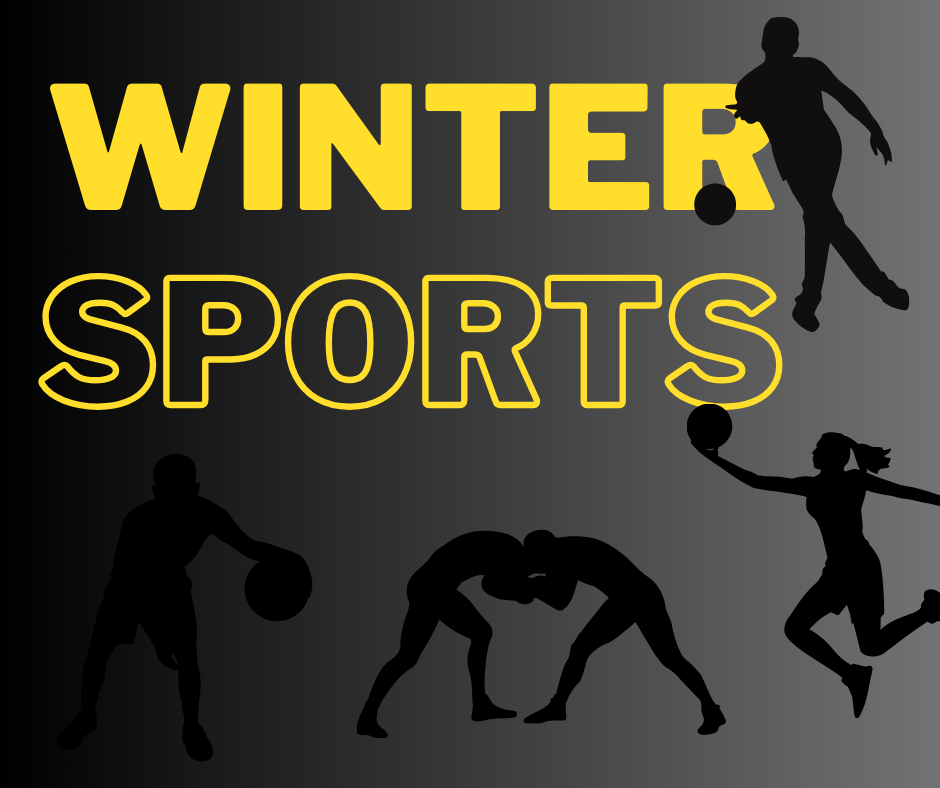 winter sports in yellow on black with outlines of athletes