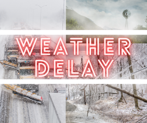 weather delay in red letters over photos of bad weather