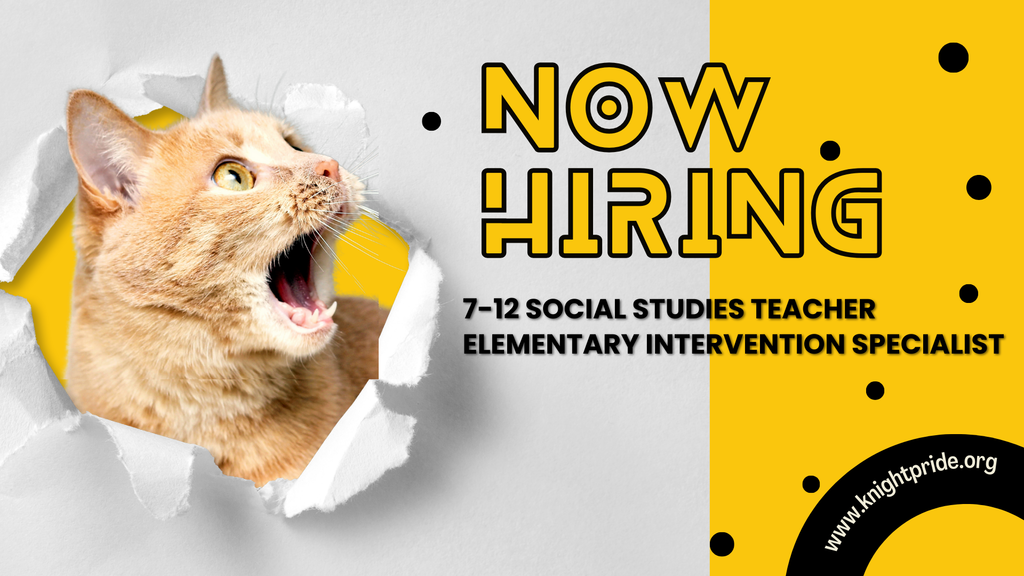 now hiring 7-12 social studies teacher elementary intervention specialist www.knightpride.org in black gold and white with a photo of a cat looking surprised