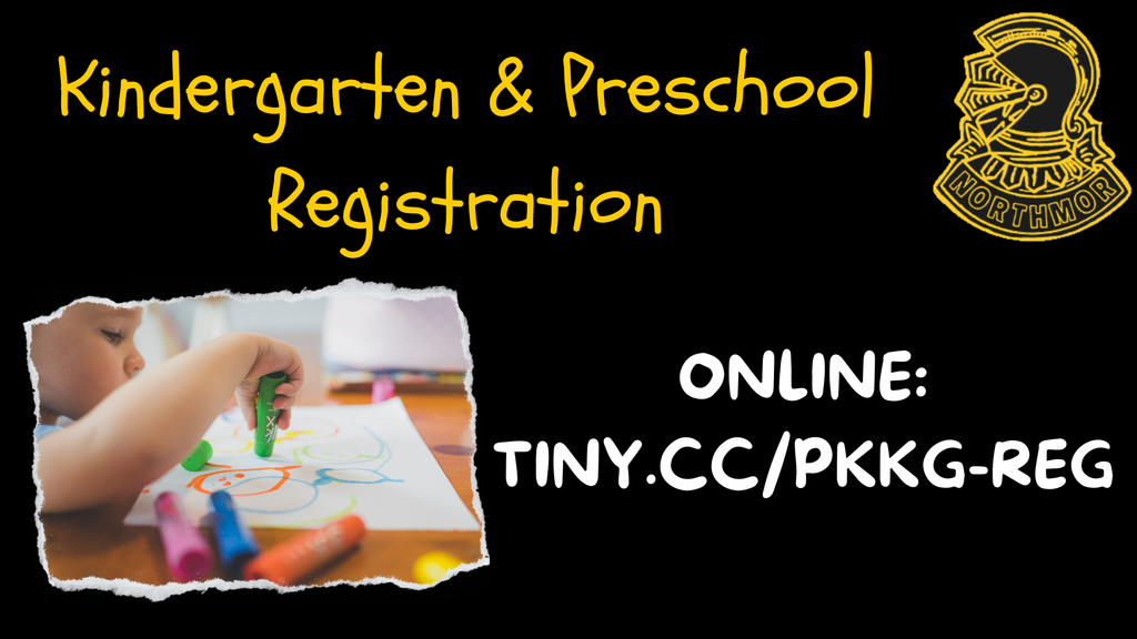 kindergarten & preschool registration online tiny.cc/pkkg-reg on black with photo of student coloring and school logo