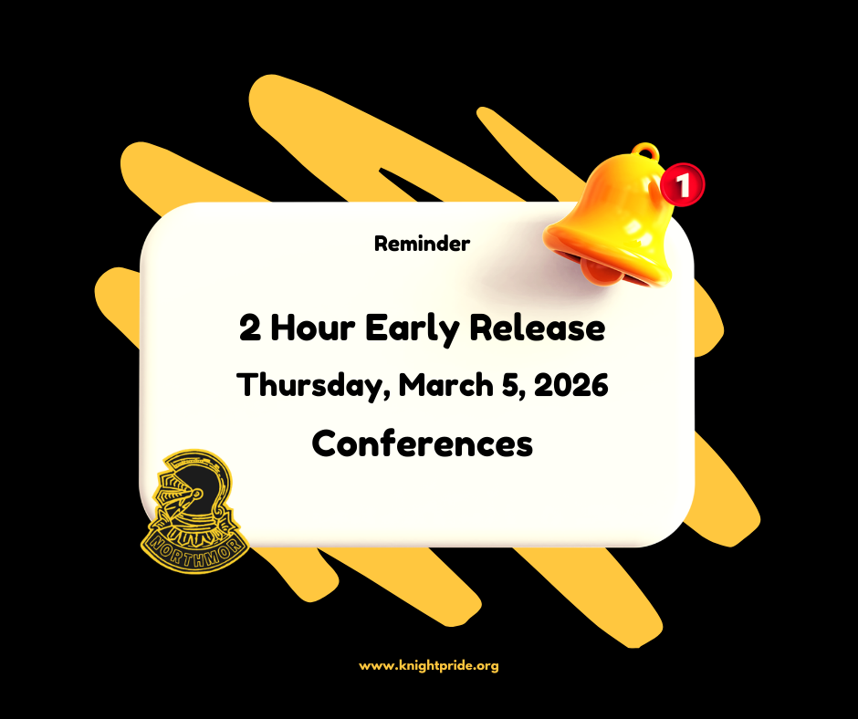 2 hour early release for parent/teacher conferences with a clipart alert bell and black and yellow design