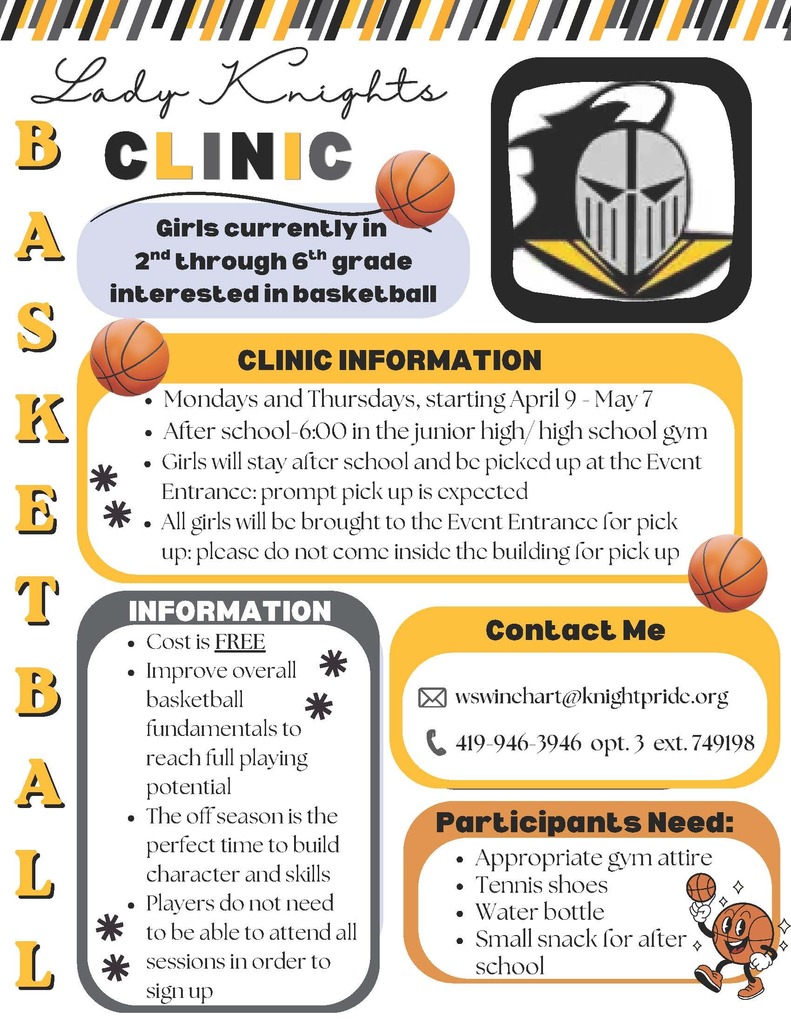 Lady Knights Youth Basketball Skills Clinic for girls currently in 2nd through the 6th grade flyer