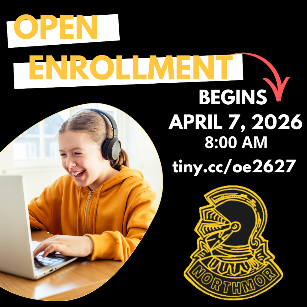 open enrollment begins April 7, 2026 8:00 AM tiny.cc/oe2627 with student looking excited at laptop and district logo