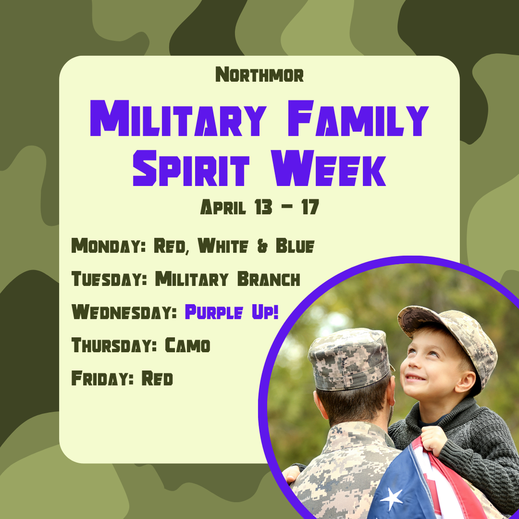 soldier hugging boy holding flag with Military Family spirit week information on camo background