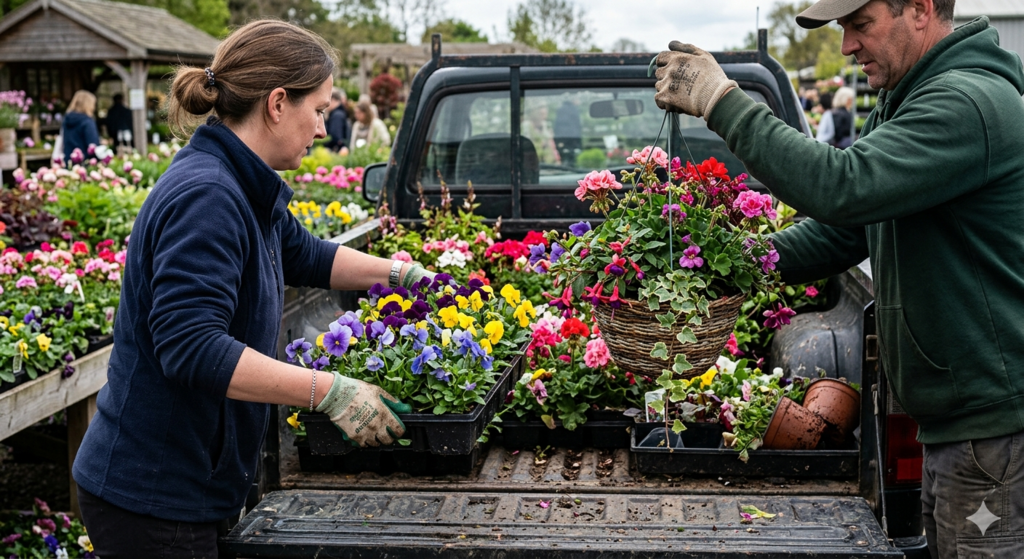 A close-up shot of a woman in a blue fleece and a man in a green hoodie carefully loading vibrant spring flowers into a truck. The woman holds a tray of purple and yellow pansies, while the man lifts a hanging basket filled with pink geraniums and ivy.