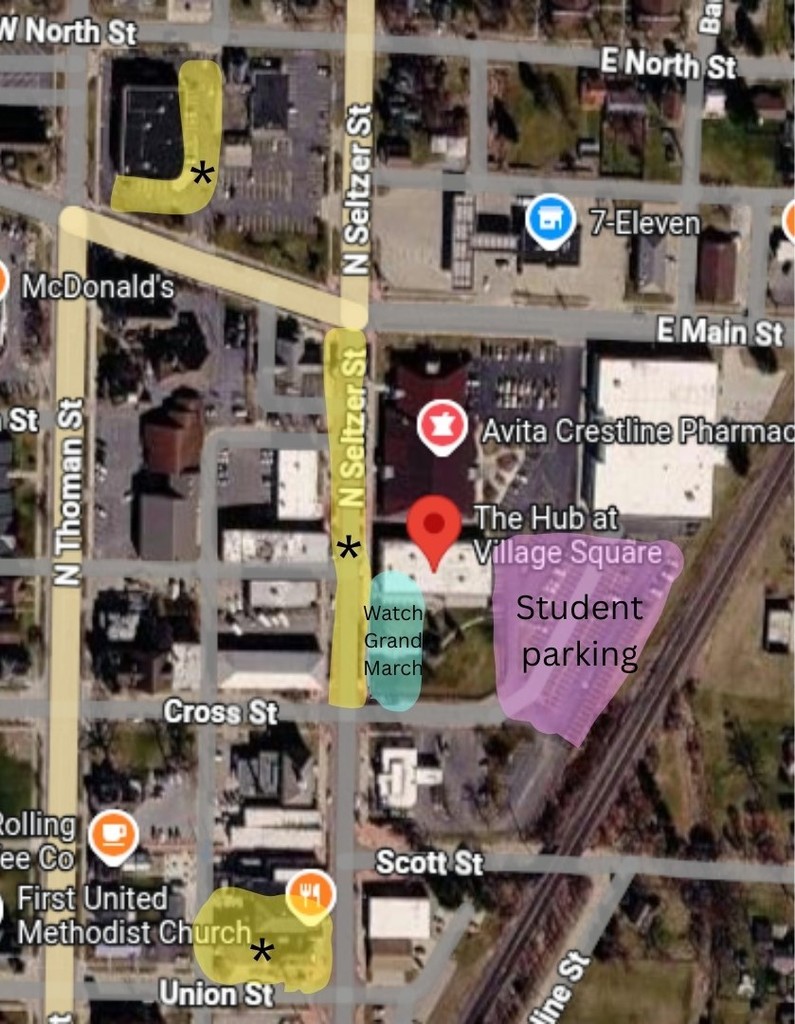 Google map image of The Hub in Crestline with parking areas labeled for prom