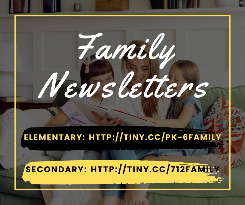 family newsletters elementary: http://tiny.cc/pk-6family secondary:http://tiny.cc/712family in white black and yellow text, background image of family reading on a couch